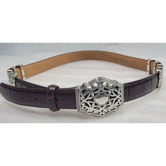 Brighton Embossed Brown Leather Belt Silver Buckle Embellishments L 34 B30338 - Picture 1 of 5